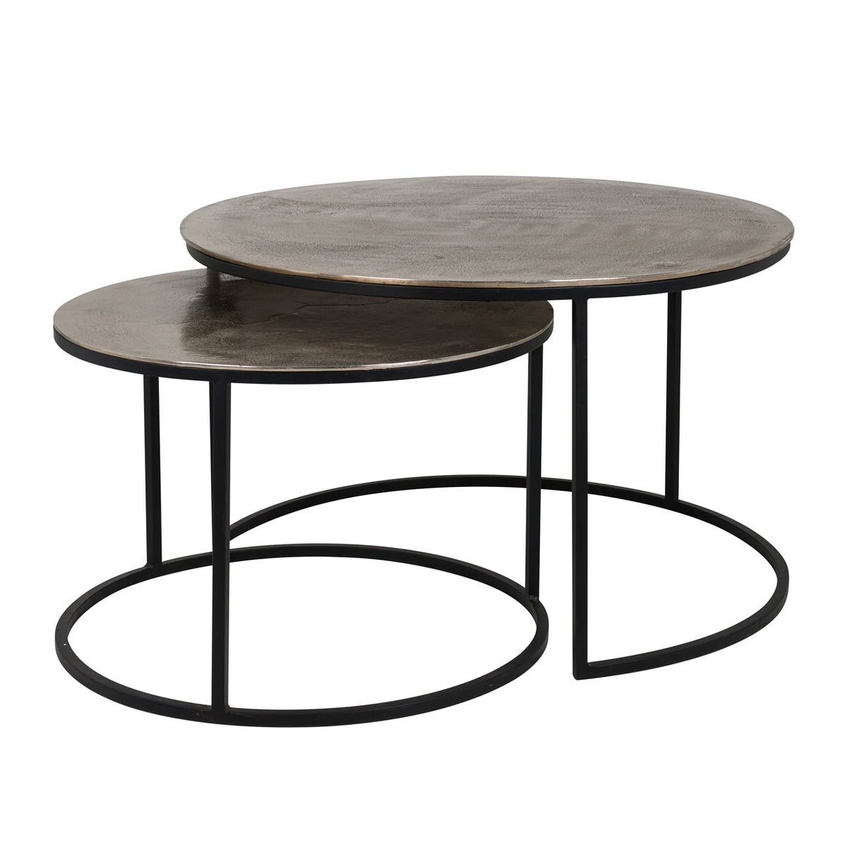 Salontafel Asher Set champagne goud aluminium, schuin vooraanzicht op witte achtergrond