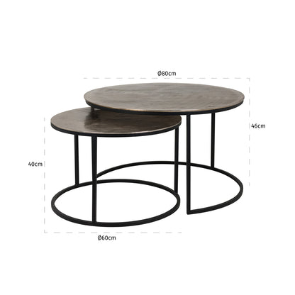 Salontafel Asher Set champagne goud aluminium, maatvoering met afmetingen