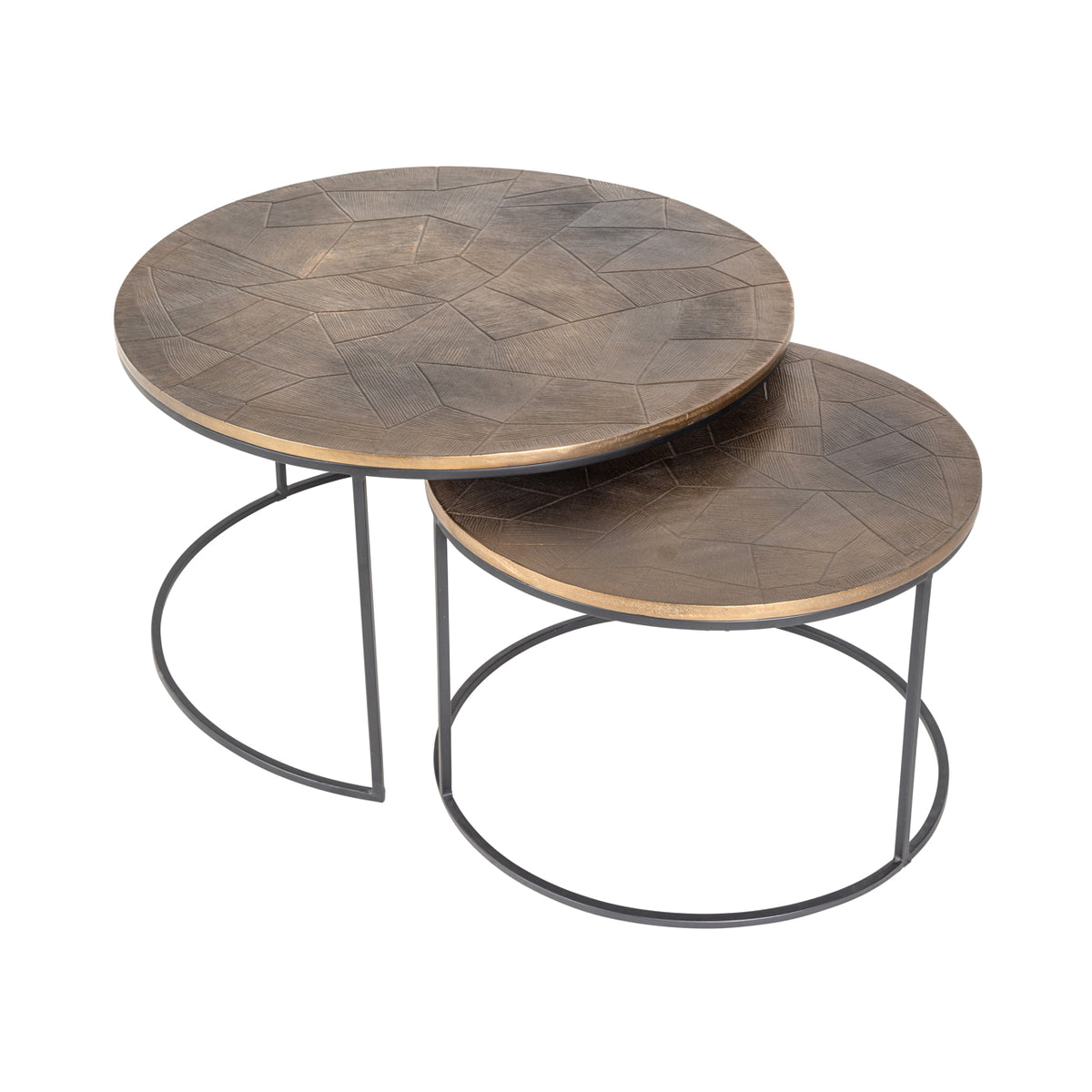 Salontafel Tulum Set bruin aluminium, schuin vooraanzicht op witte achtergrond