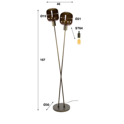 Vloerlamp Bronza glas bruin, maatvoering met afmetingen