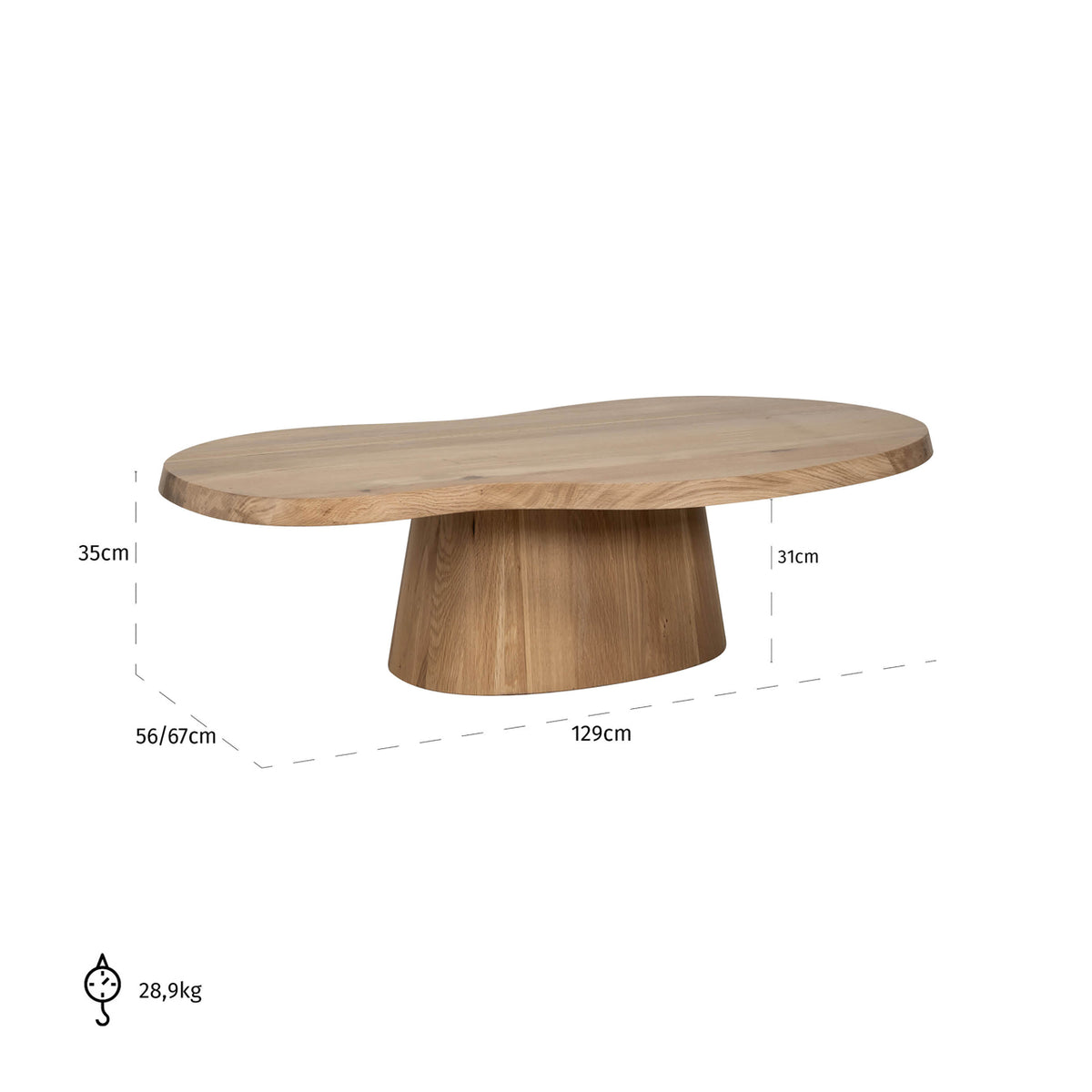 Salontafel Riva naturel eikenhout, maatvoering met afmetingen