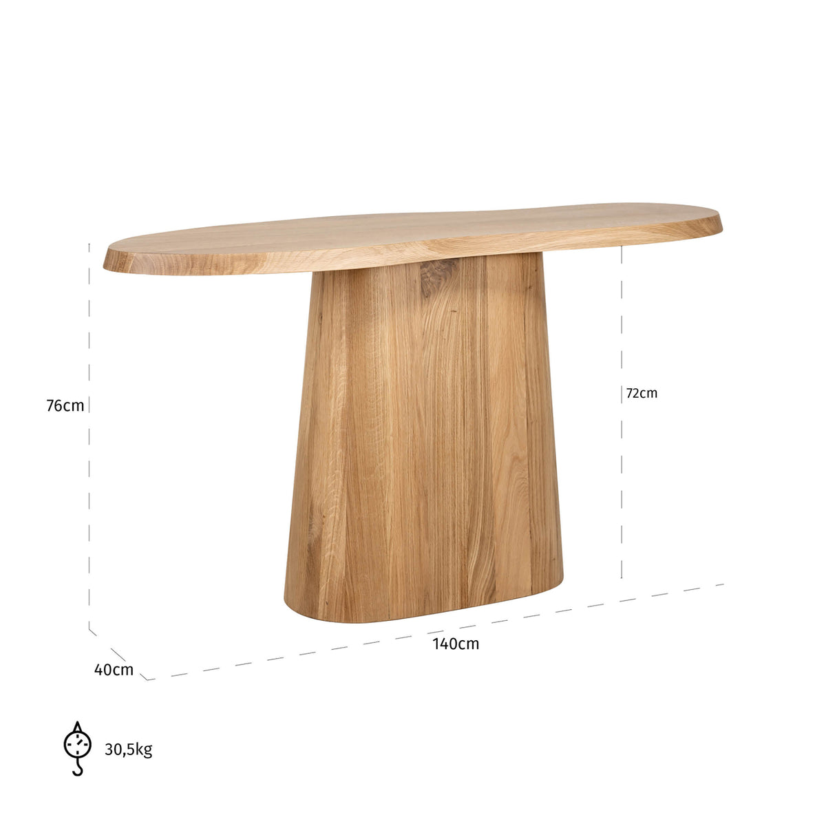 Sidetable Riva naturel eikenhout, maatvoering met afmetingen