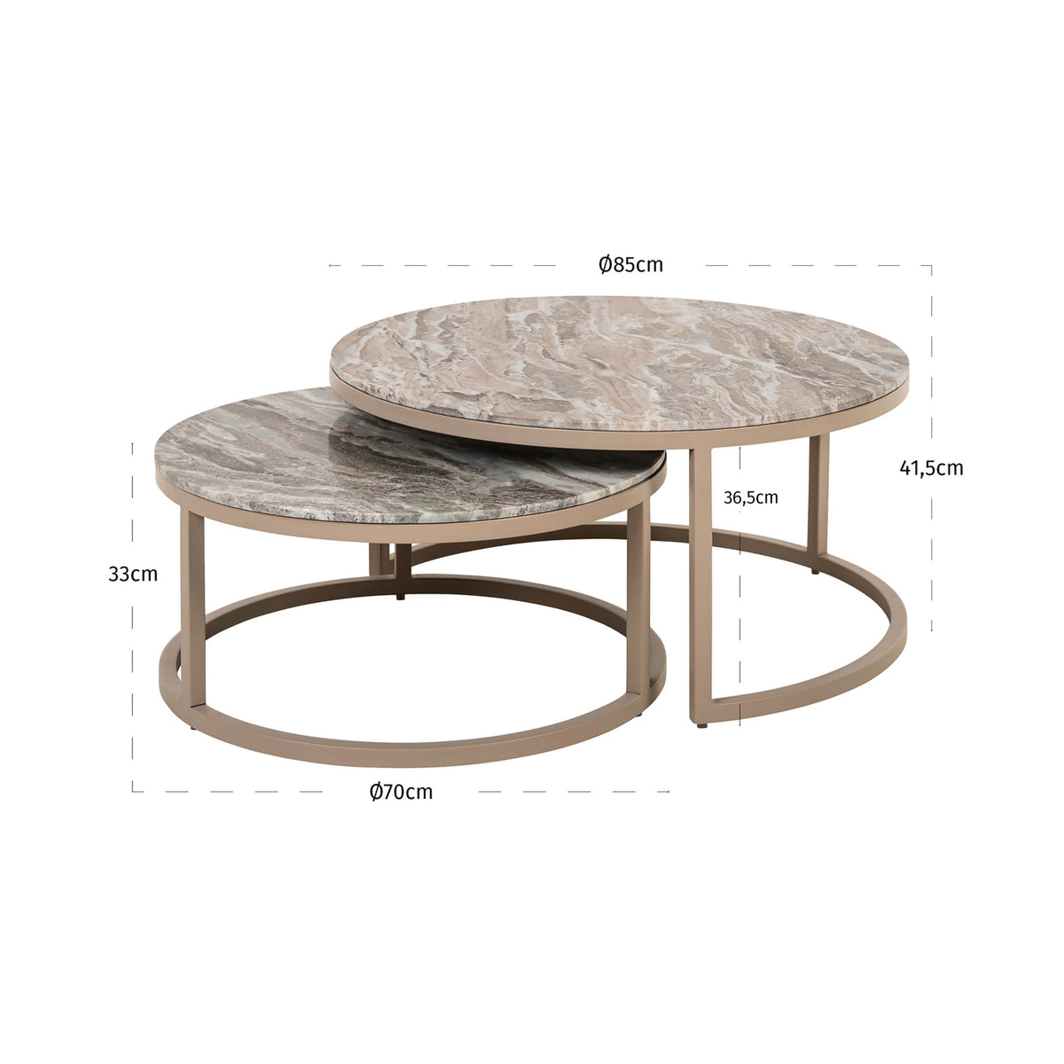 Salontafel Fairfax beige ijzer, maatvoering met afmetingen