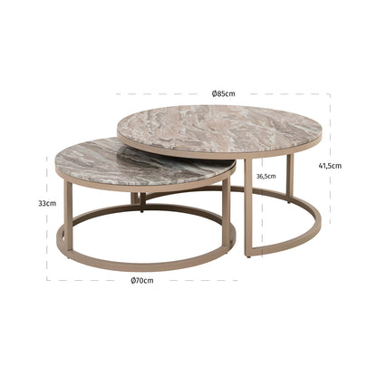 Salontafel Fairfax beige ijzer, maatvoering met afmetingen