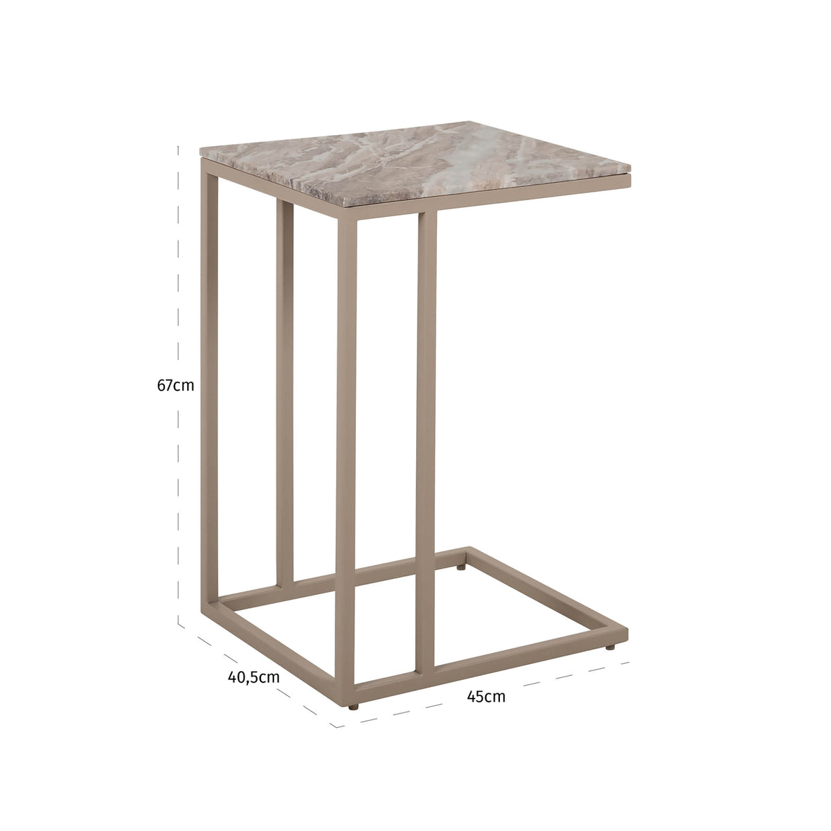 Bijzettafel Fairfax beige ijzer, maatvoering met afmetingen