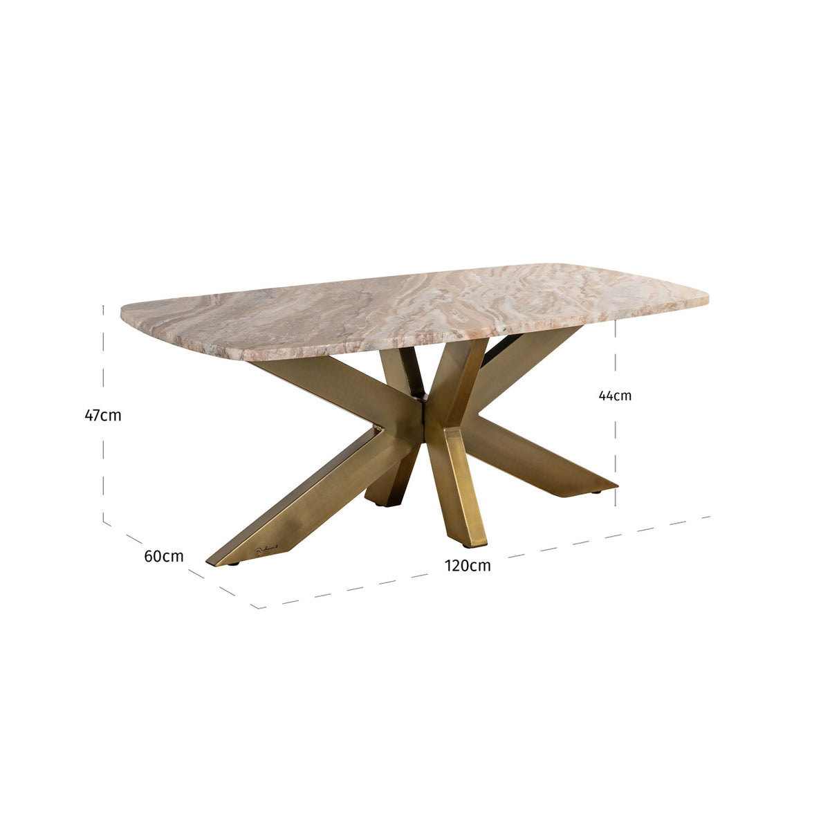Salontafel Bottega beige metaal 120 cm, maatvoering met afmetingen