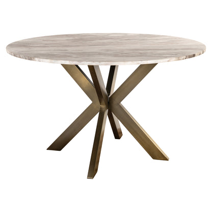 Eettafel Bottega beige metaal 140 cm rond, schuin vooraanzicht op witte achtergrond