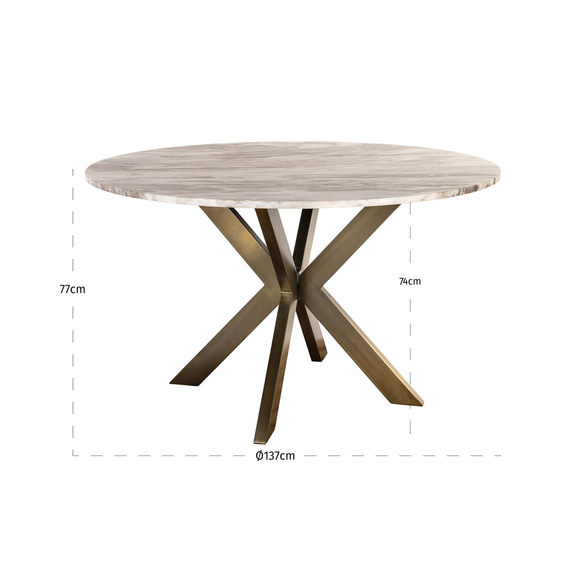 Eettafel Bottega beige metaal 140 cm rond, maatvoering met afmetingen