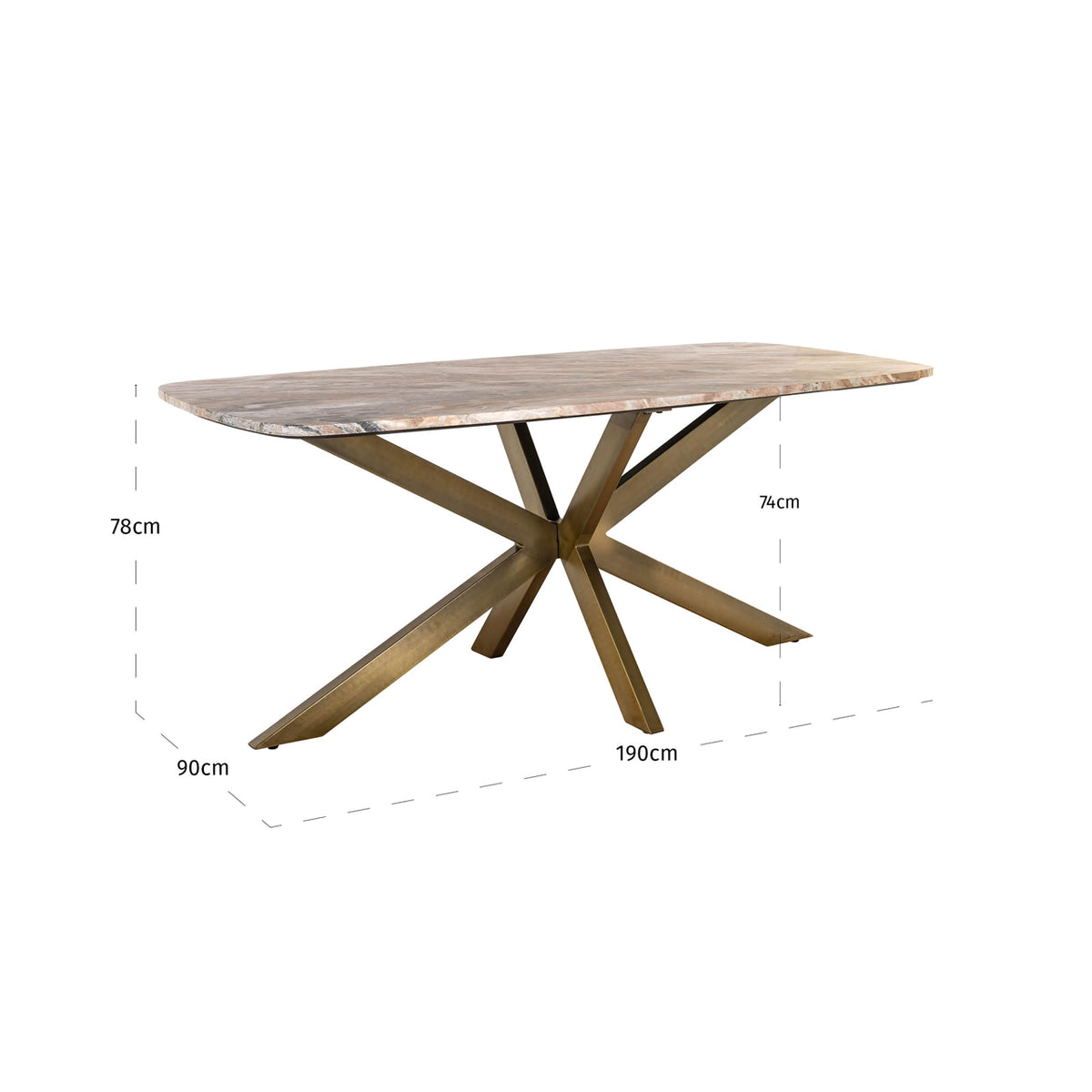Eettafel Bottega beige metaal 190 cm deens ovaal, maatvoering met afmetingen