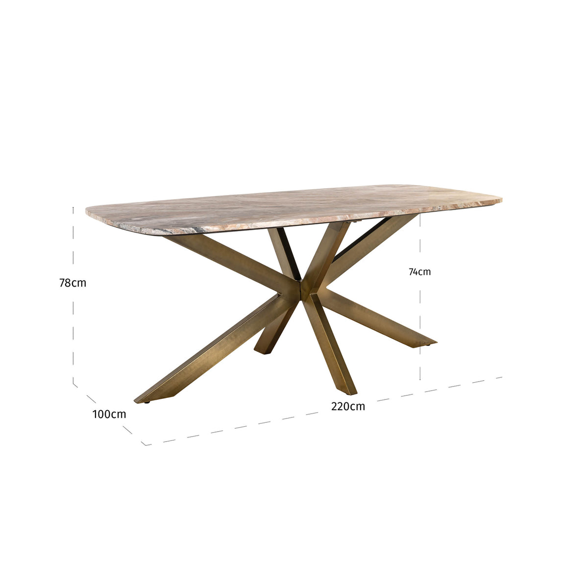 Eettafel Bottega beige metaal 220 cm deens ovaal, maatvoering met afmetingen