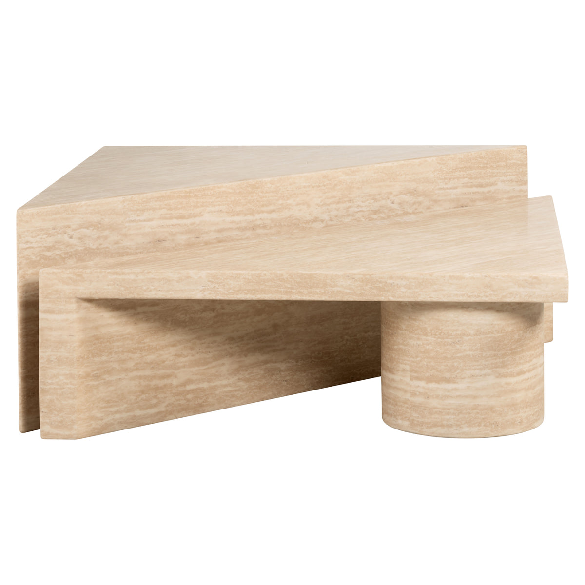 Salontafel Fictus beige travertin, zijaanzicht op witte achtergrond