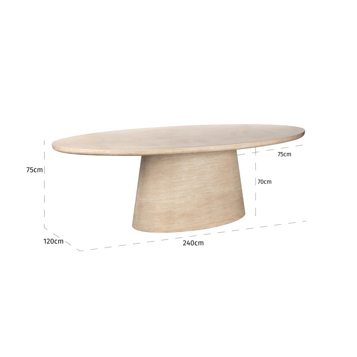 Eettafel Fictus beige ijzer 240 x 120 cm, maatvoering met afmetingen