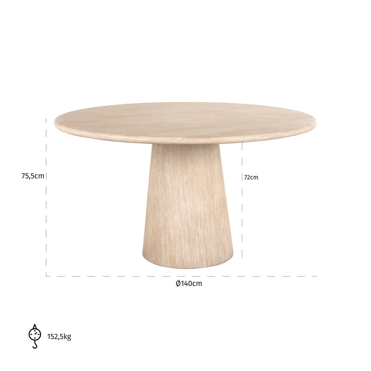 Eettafel Fictus beige ijzer ø 140 cm, maatvoering met afmetingen