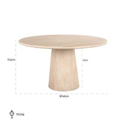 Eettafel Fictus beige ijzer ø 140 cm, maatvoering met afmetingen