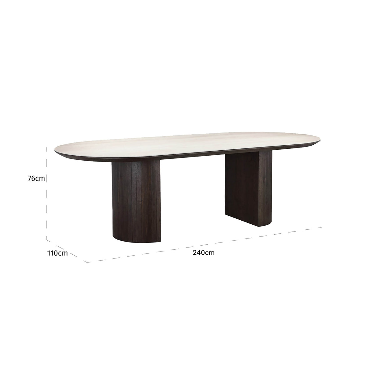 Eettafel Ritz bruin eiken fineer 240 cm, maatvoering met afmetingen
