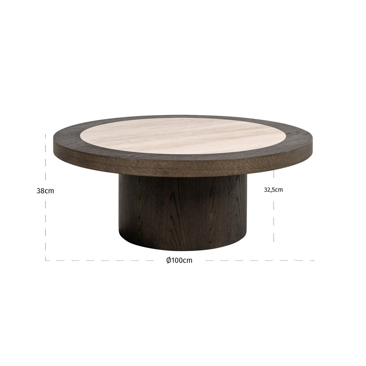 Salontafel Nando bruin eiken fineer, maatvoering met afmetingen