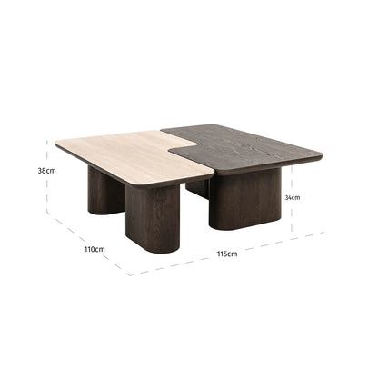 Salontafel Nando bruin eiken fineer, maatvoering met afmetingen