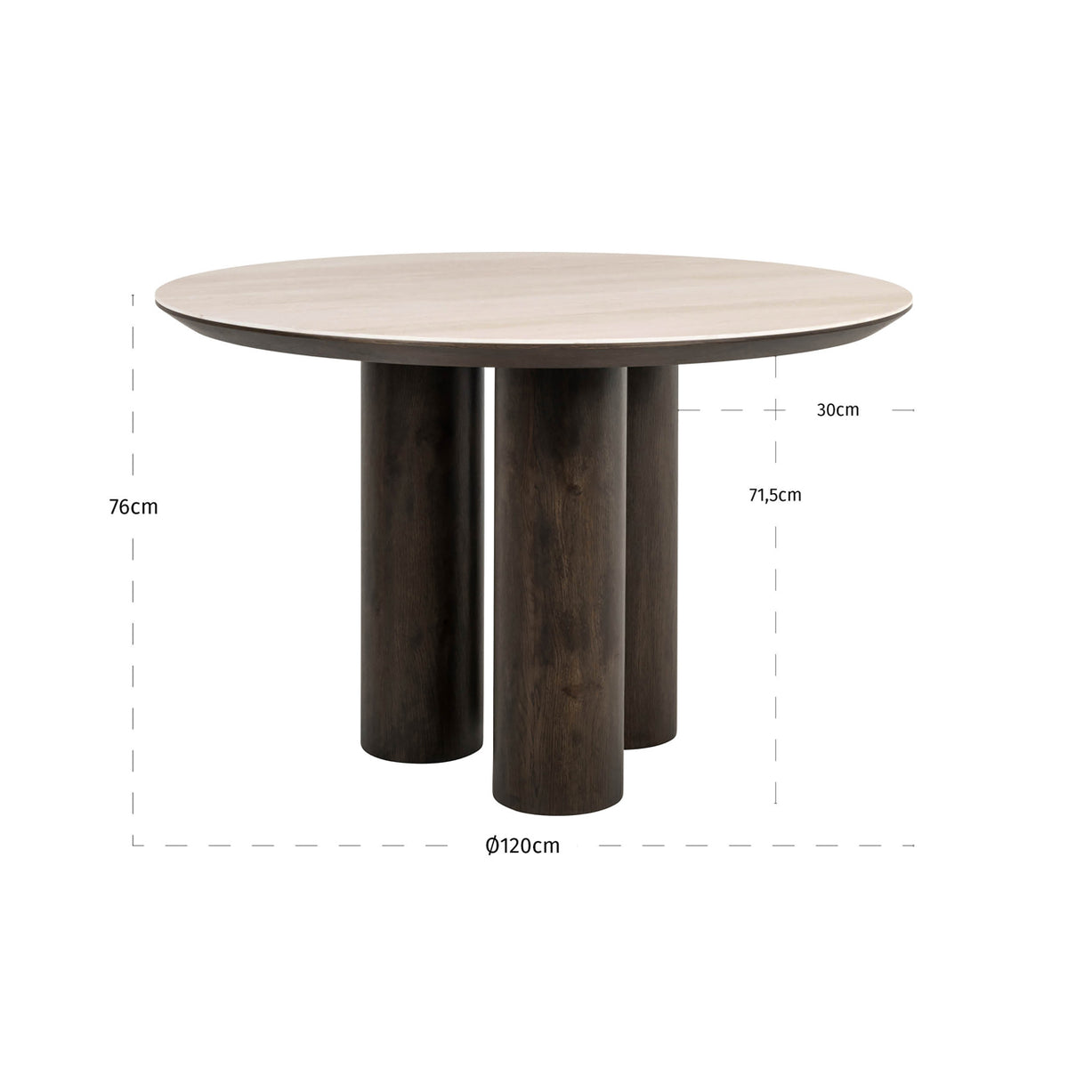 Eettafel Ritz bruin eiken fineer, maatvoering met afmetingen