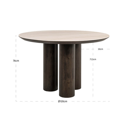 Eettafel Ritz bruin eiken fineer, maatvoering met afmetingen