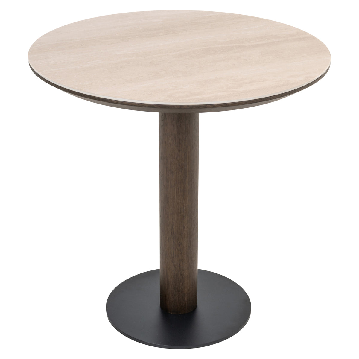 Eettafel Ritz bruin eiken fineer 75 cm, schuin vooraanzicht op witte achtergrond