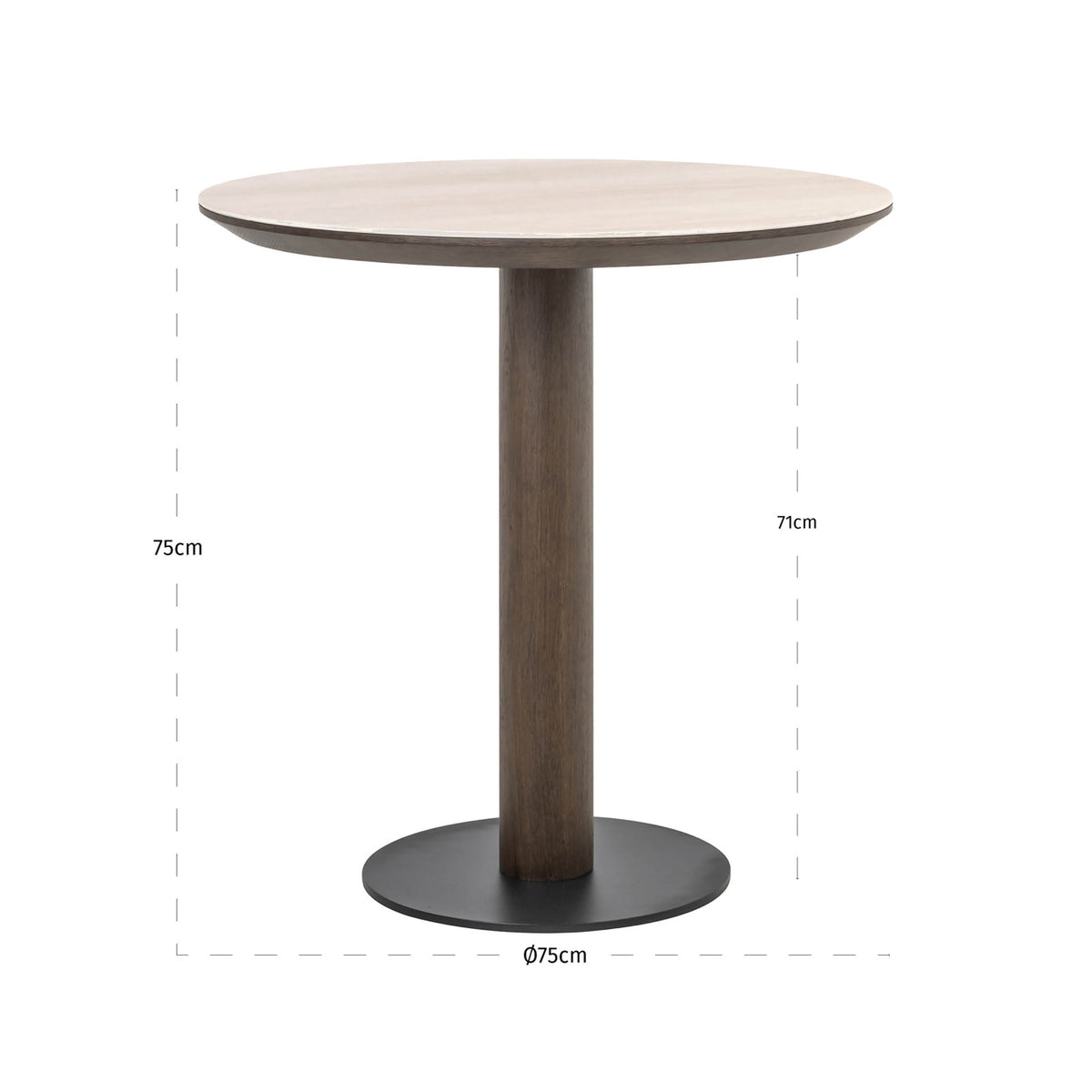 Eettafel Ritz bruin eiken fineer 75 cm, maatvoering met afmetingen