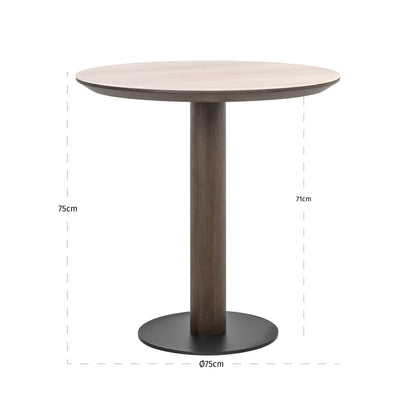 Eettafel Ritz bruin eiken fineer 75 cm, maatvoering met afmetingen