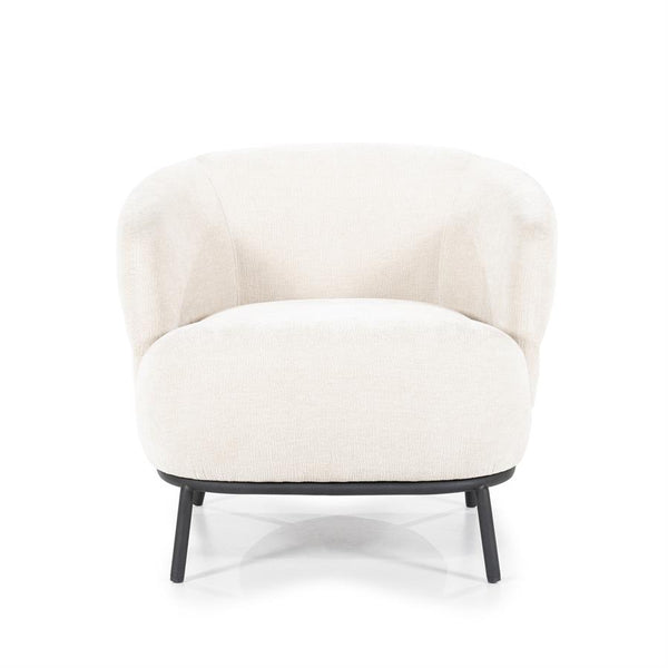 Fauteuil David beige polyester met armleuning, vooraanzicht op witte achtergrond