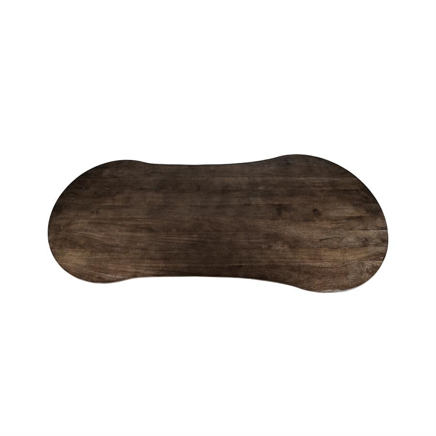 Eettafel Jordy bruin mangohout organische vorm magazijn leegverkoop, bovenaanzicht op witte achtergrond
