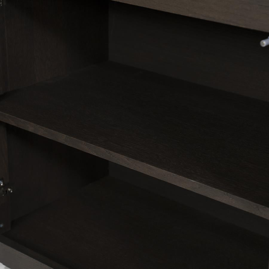 Kast Helsinki bruin eikenhout 4 vakken laag, detail van het materiaal