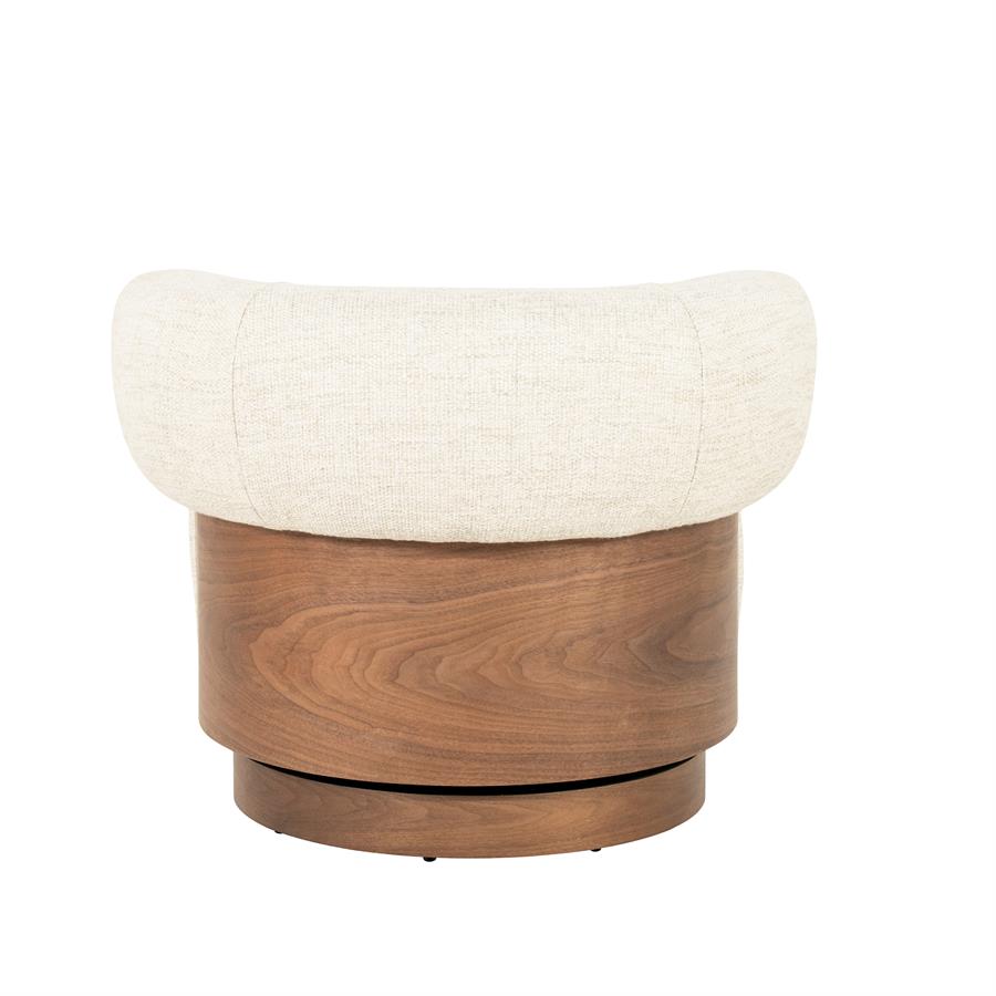 Fauteuil Nila beige stof, achteraanzicht op witte achtergrond