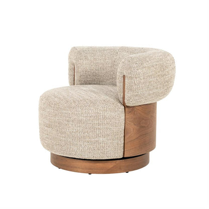 Fauteuil Nila taupe stof, schuin vooraanzicht op witte achtergrond