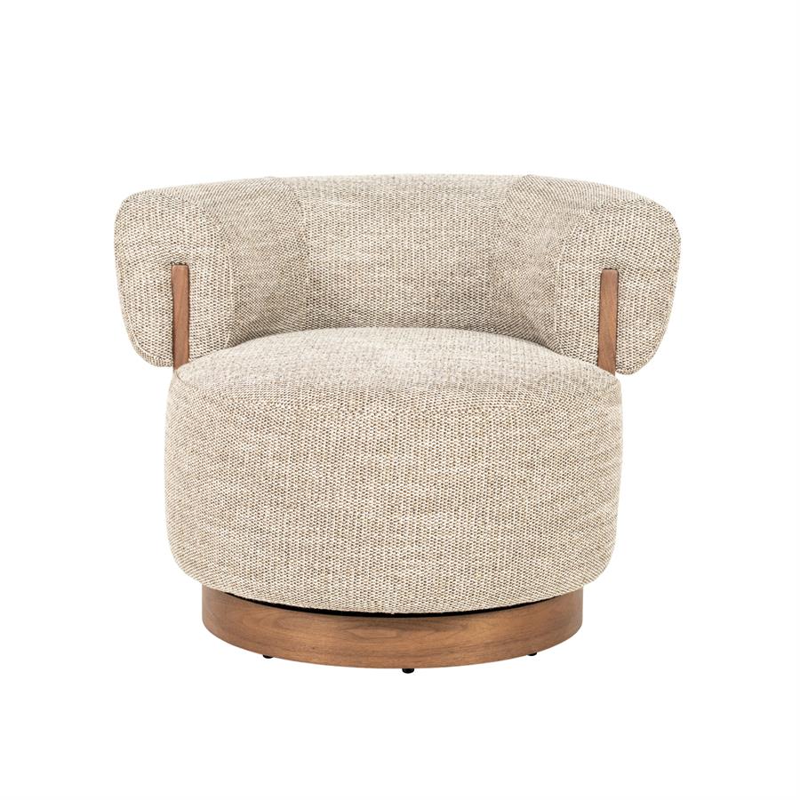 Fauteuil Nila taupe stof, vooraanzicht op witte achtergrond