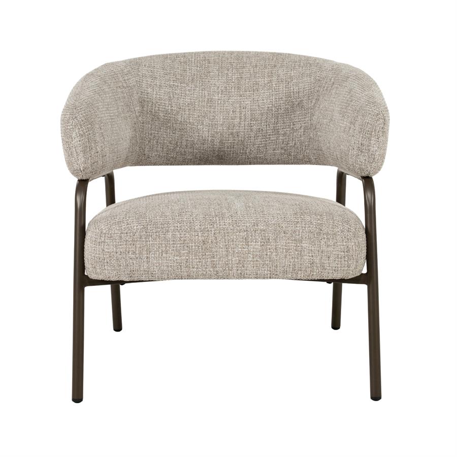 Fauteuil Fabrice taupe stof, vooraanzicht op witte achtergrond