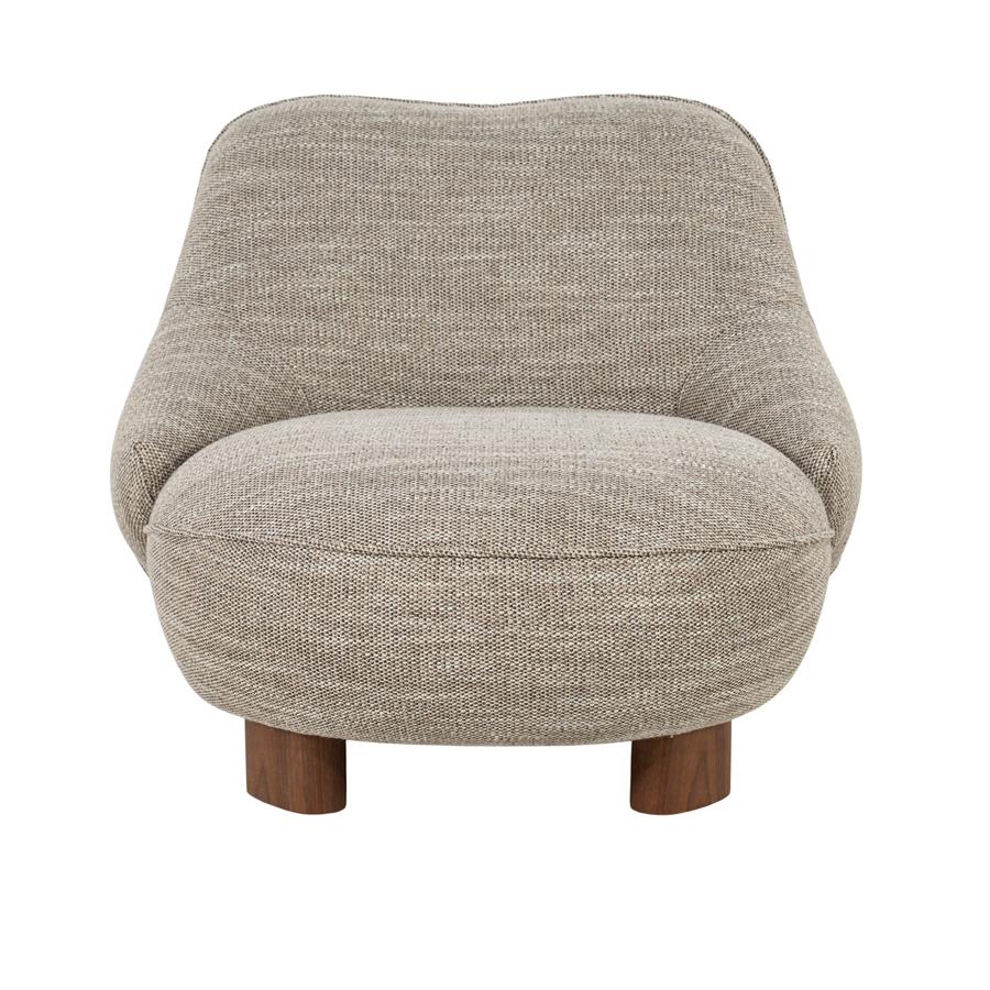 Fauteuil Lina taupe stof, vooraanzicht op witte achtergrond