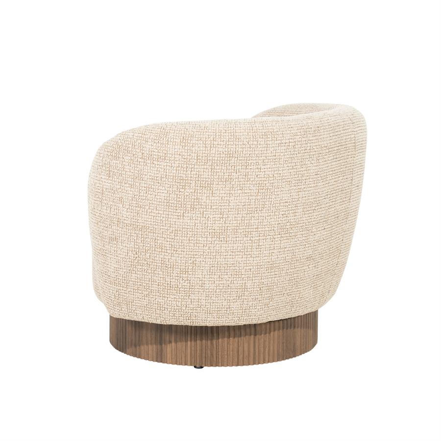 Fauteuil Norah taupe stof, zijaanzicht op witte achtergrond