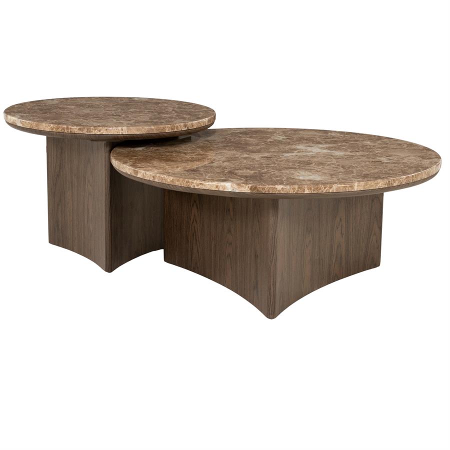 Salontafel Okke walnoot fineer 80 x 80 cm, schuin vooraanzicht op witte achtergrond