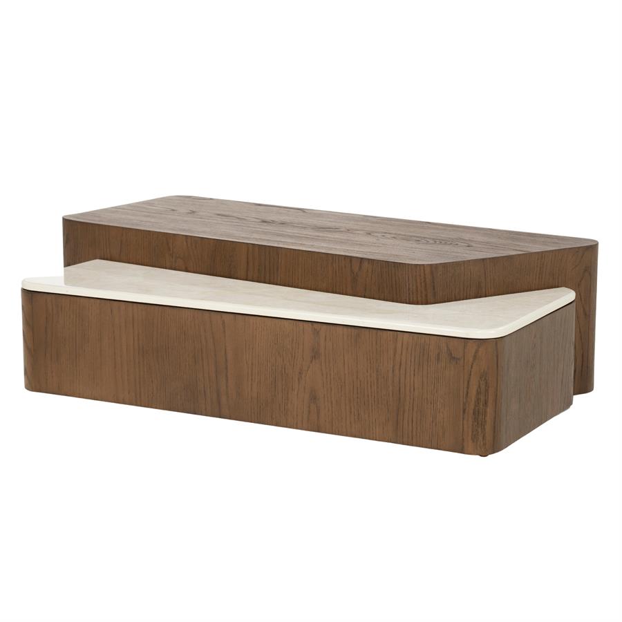 Salontafel Romee bruin eiken fineer, schuin vooraanzicht op witte achtergrond