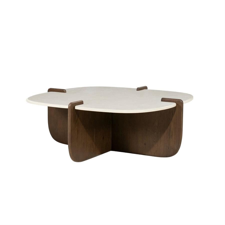 Salontafel Filou bruin eiken fineer 80 cm, schuin vooraanzicht op witte achtergrond