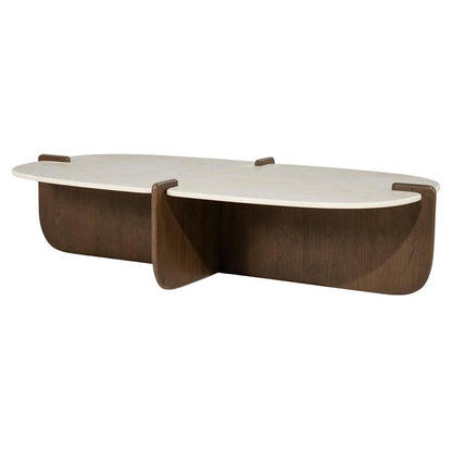 Salontafel Filou bruin eiken fineer 130 cm, schuin vooraanzicht op witte achtergrond