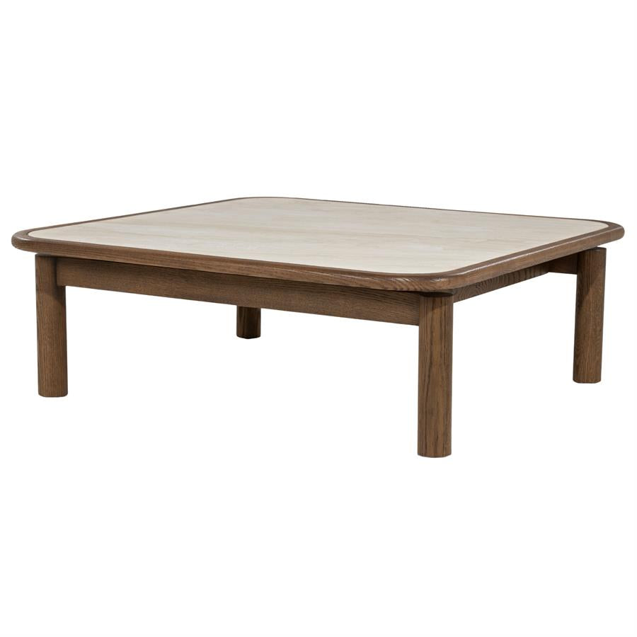 Salontafel Gabi bruin eiken fineer 100 x 100 cm, schuin vooraanzicht op witte achtergrond