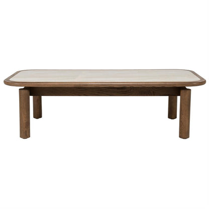 Salontafel Gabi bruin eiken fineer 120 x 60 cm, vooraanzicht op witte achtergrond
