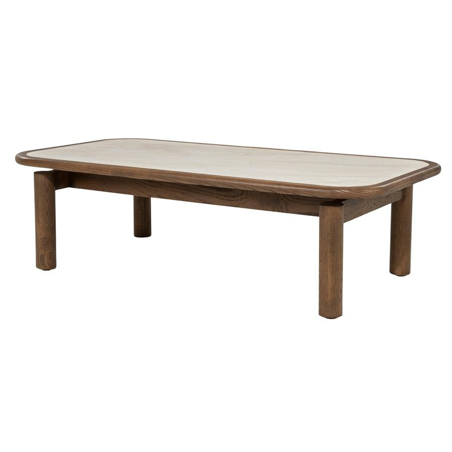Salontafel Gabi bruin eiken fineer 120 x 60 cm, schuin vooraanzicht op witte achtergrond