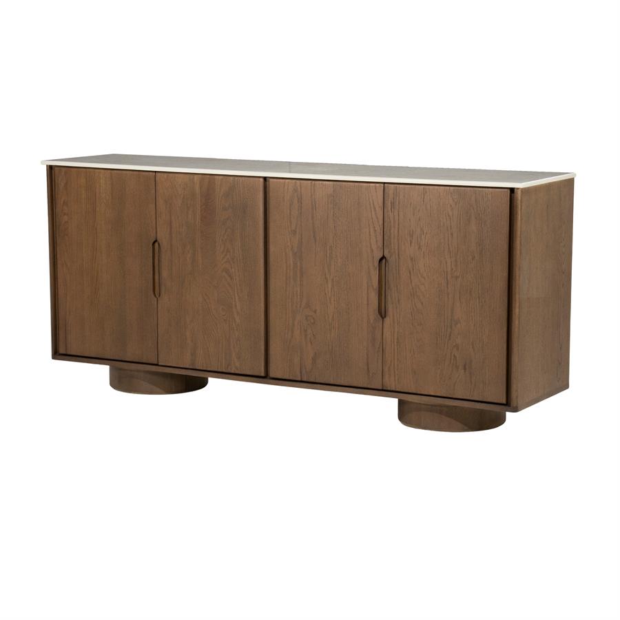 Dressoir Leandro bruin eiken fineer, zijaanzicht op witte achtergrond