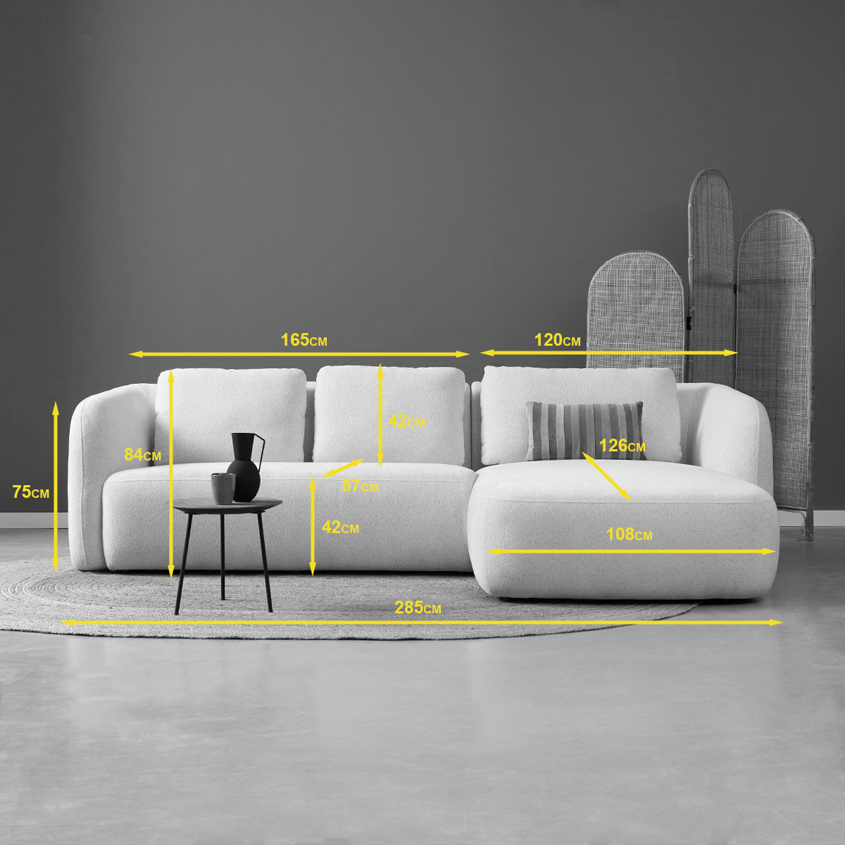 Hoekbank Cloud wit stof chaise longue, maatvoering met afmetingen