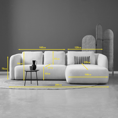 Hoekbank Cloud wit stof chaise longue, maatvoering met afmetingen