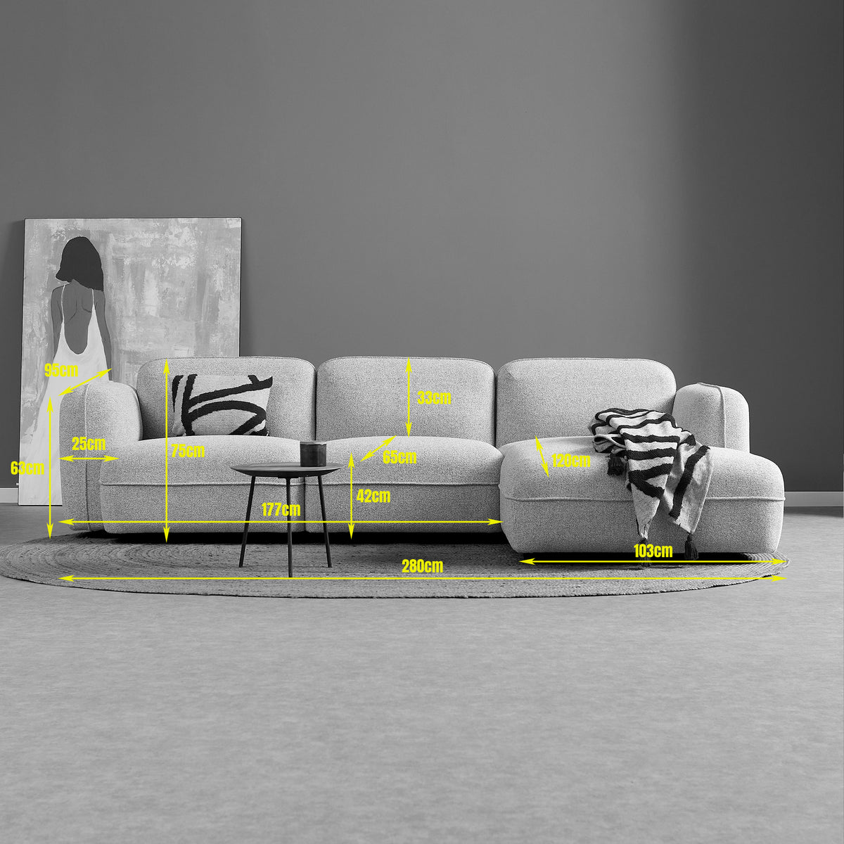 Bank Drop | Longchair | Beige — Maatvoering
