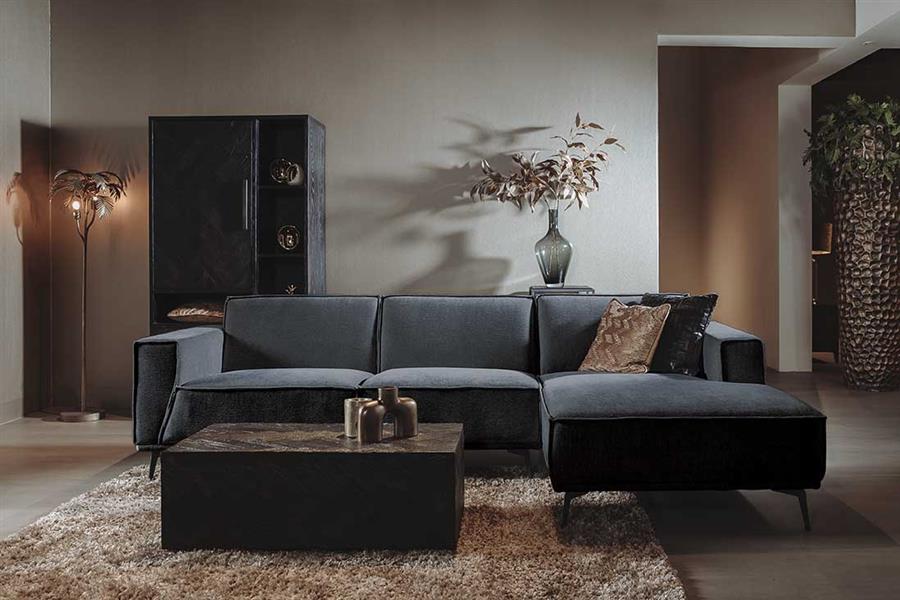 Hoekbank Leeds donkerblauw, vooraanzicht in een interieur