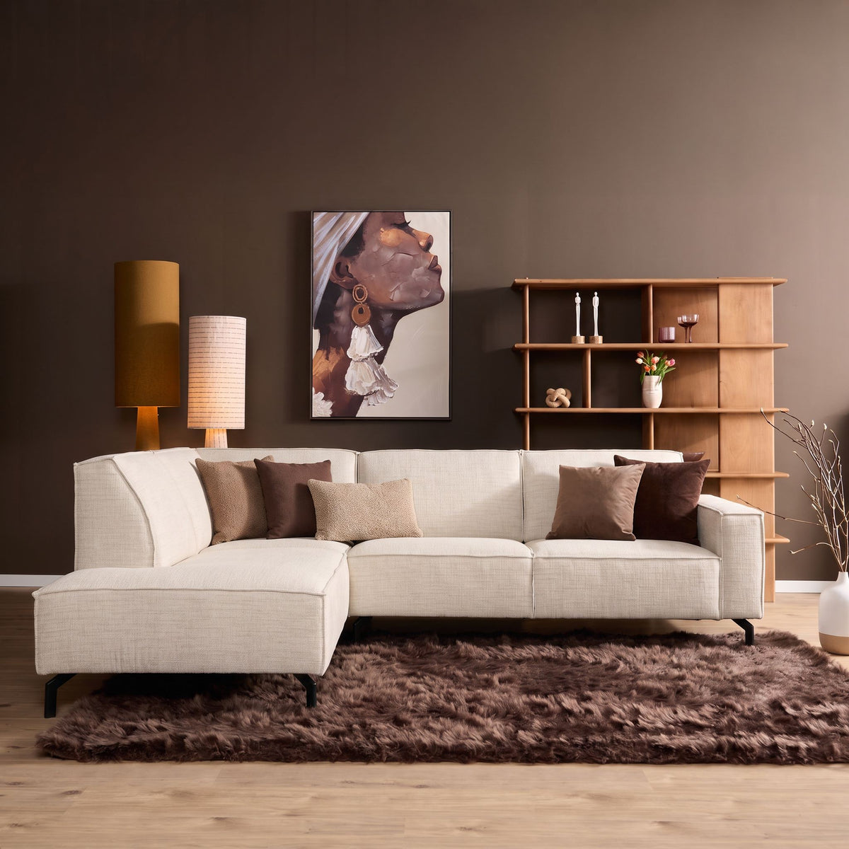 Hoekbank Floris beige baltimore, schuin vooraanzicht in een interieur