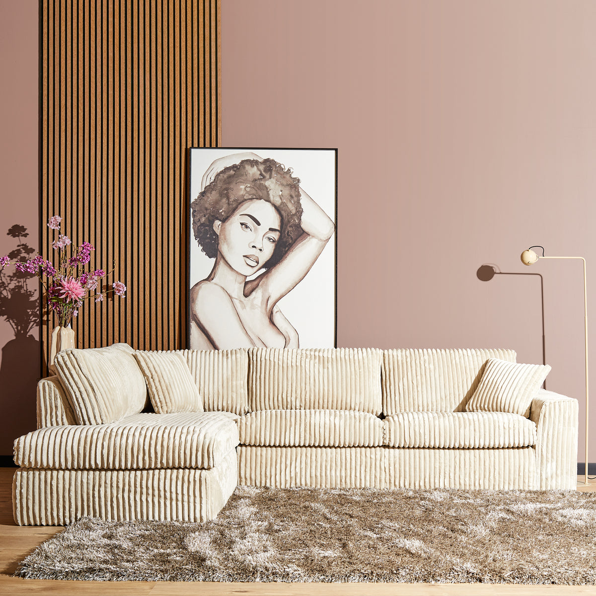 Hoekbank Teddy | Beige Ribcord — Zijaanzicht - sfeer