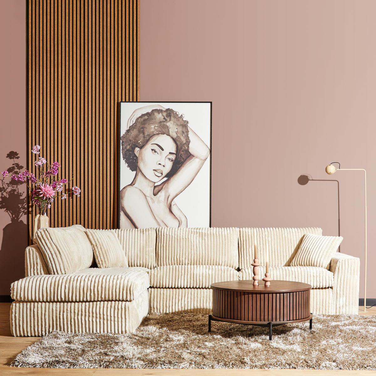 Hoekbank Teddy | Beige Ribcord — Vooraanzicht - sfeer